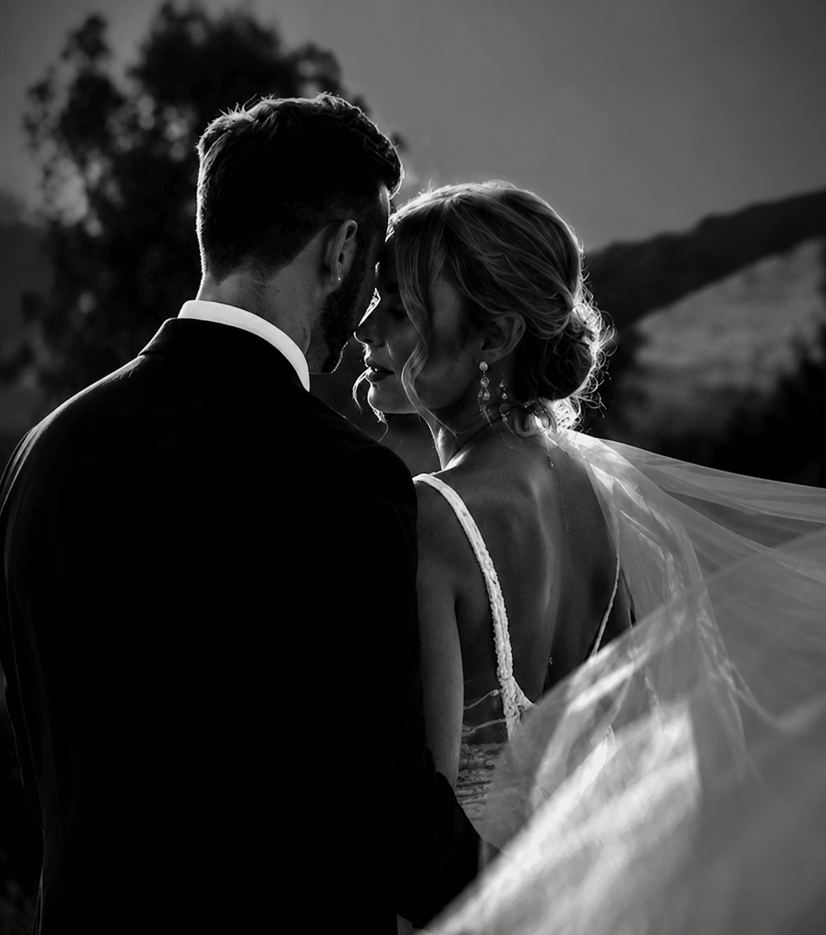 Bride and groom embracing, black and white